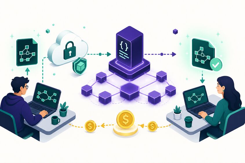 Truve marketplace flow: seller uploads encrypted workflow to IPFS, smart contract on Base handles payment, buyer receives file instantly